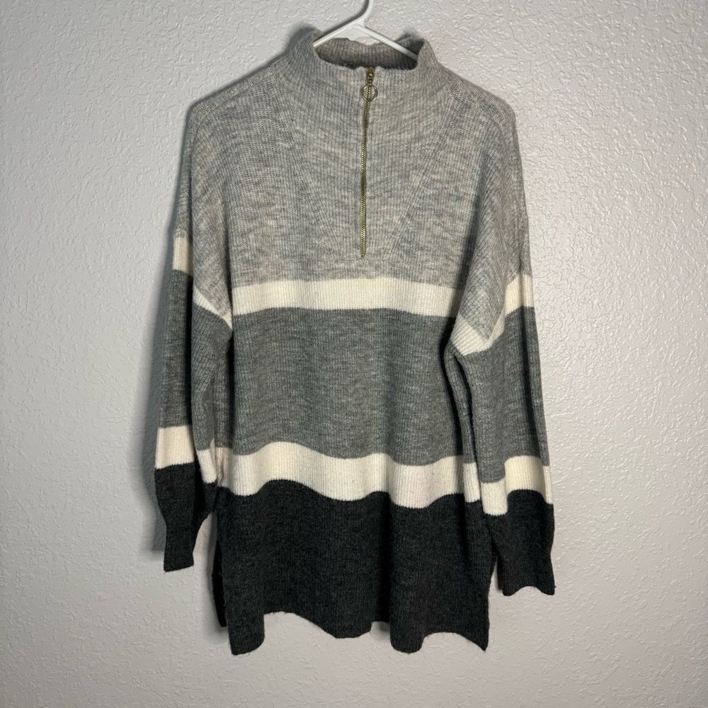 Loft Striped Zip Tunic Sweater Grey Long Sleeve Oversized Colorblock Size XXLP